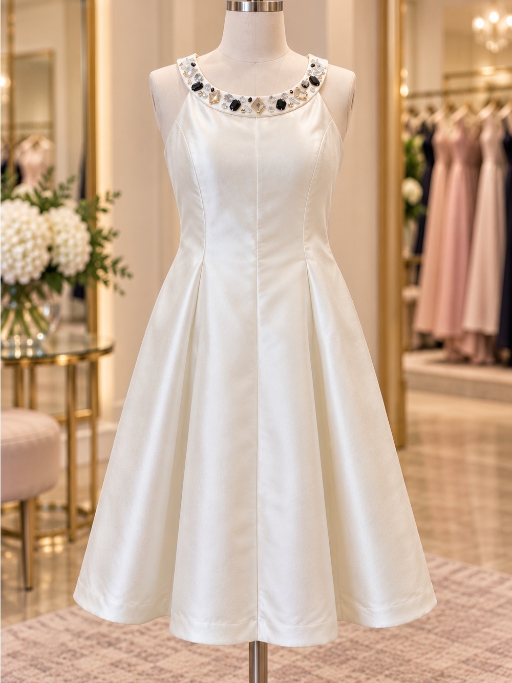 CLEARANCE LF Ivory Jeweled Neckline A-Line Dress Size 12 Pockets